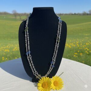 Premier Designs Long Layered Necklace w/Silver Chain Faceted w/Colorful Beads